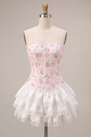 Load image into Gallery viewer, White Pink Flower Strapless Short Corset Cocktail Dress with Ruffles