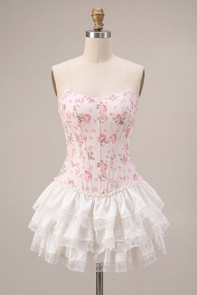 Load image into Gallery viewer, White Pink Flower Strapless Short Corset Cocktail Dress with Ruffles