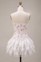 Load image into Gallery viewer, White Pink Flower Strapless Short Corset Cocktail Dress with Ruffles