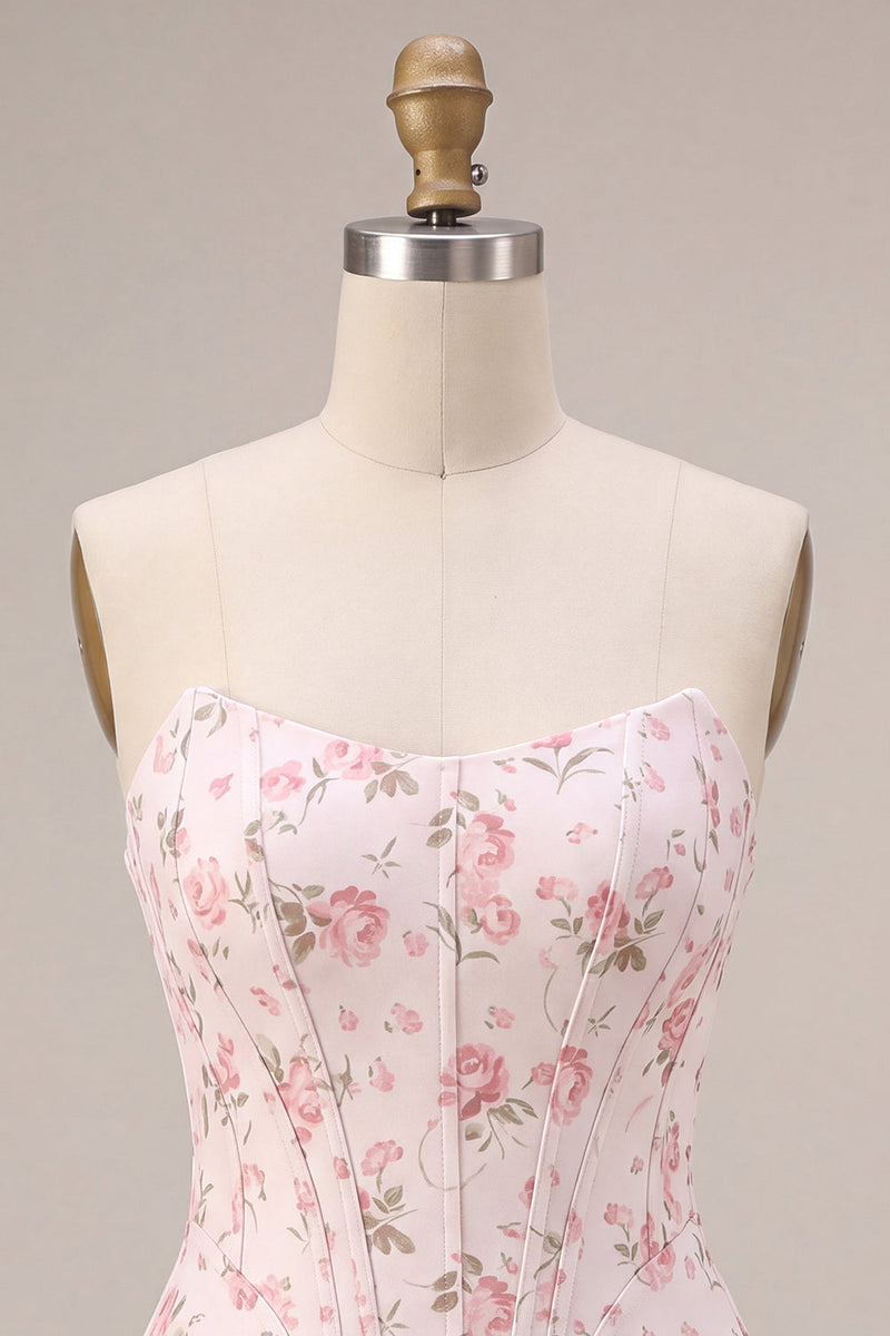 Load image into Gallery viewer, White Pink Flower Strapless Short Corset Cocktail Dress with Ruffles