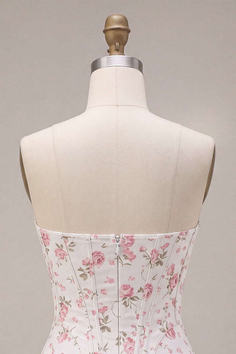 Load image into Gallery viewer, White Pink Flower Strapless Short Corset Cocktail Dress with Ruffles