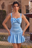 Load image into Gallery viewer, Sky Blue Satin A Line Ruched Short Cocktail Dress with Bow