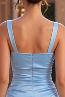 Load image into Gallery viewer, Sky Blue Satin A Line Ruched Short Cocktail Dress with Bow