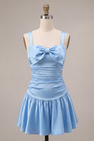 Load image into Gallery viewer, Sky Blue Satin A Line Ruched Short Cocktail Dress with Bow