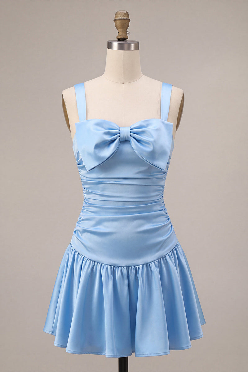 Load image into Gallery viewer, Sky Blue Satin A Line Ruched Short Cocktail Dress with Bow