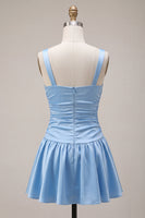 Load image into Gallery viewer, Sky Blue Satin A Line Ruched Short Cocktail Dress with Bow