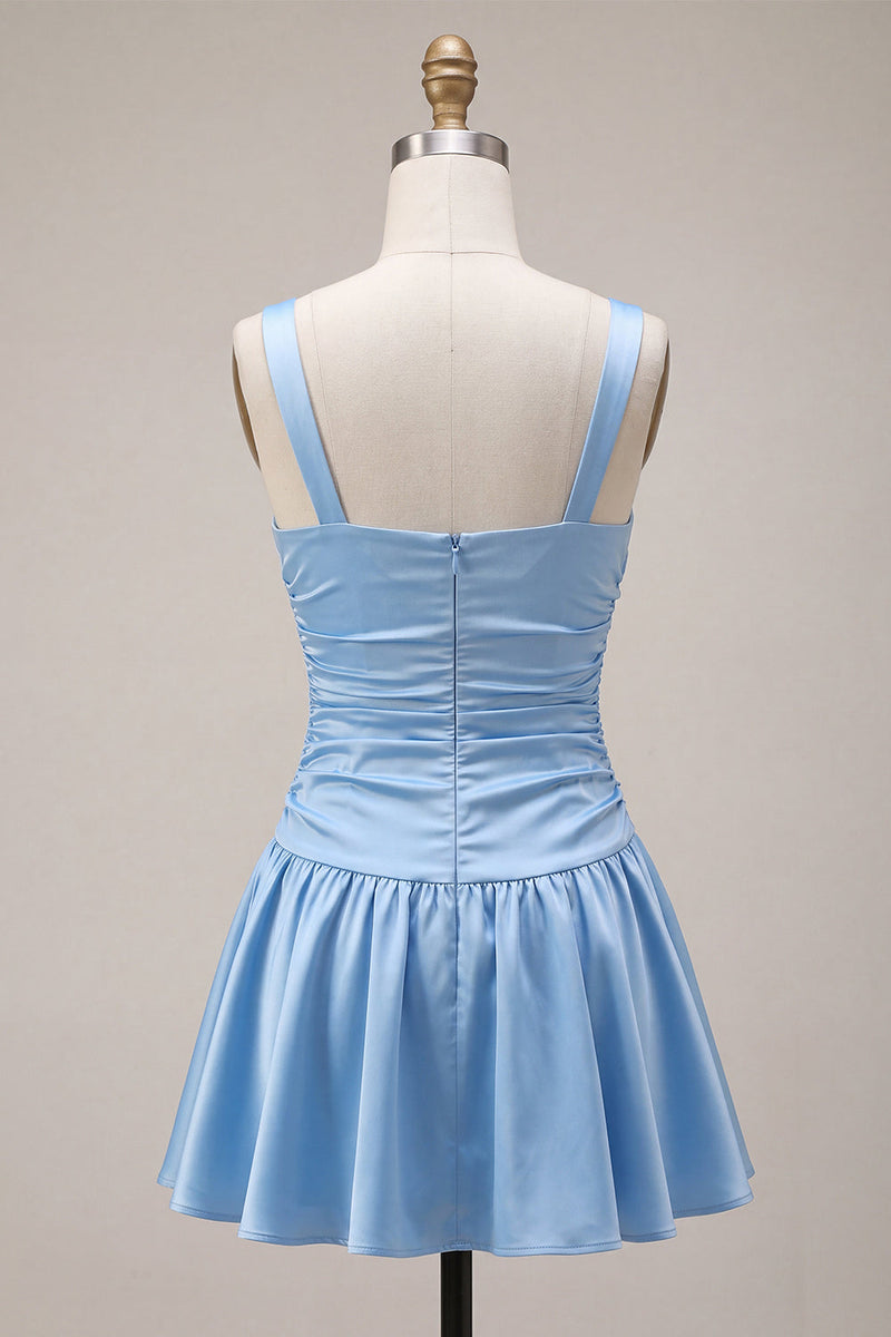 Load image into Gallery viewer, Sky Blue Satin A Line Ruched Short Cocktail Dress with Bow