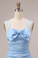 Load image into Gallery viewer, Sky Blue Satin A Line Ruched Short Cocktail Dress with Bow