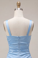 Load image into Gallery viewer, Sky Blue Satin A Line Ruched Short Cocktail Dress with Bow