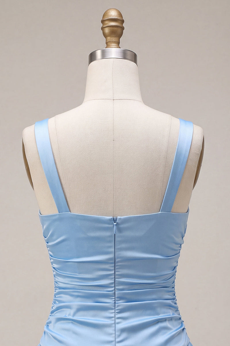 Load image into Gallery viewer, Sky Blue Satin A Line Ruched Short Cocktail Dress with Bow