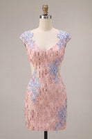 Load image into Gallery viewer, Sparkly Pink Appliqued Tight Short Sequin Cocktail Dress with Sleeves