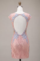 Load image into Gallery viewer, Sparkly Pink Appliqued Tight Short Sequin Cocktail Dress with Sleeves