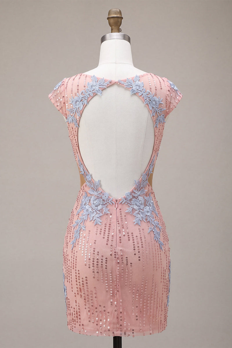 Load image into Gallery viewer, Sparkly Pink Appliqued Tight Short Sequin Cocktail Dress with Sleeves