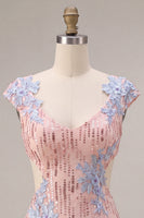 Load image into Gallery viewer, Sparkly Pink Appliqued Tight Short Sequin Cocktail Dress with Sleeves