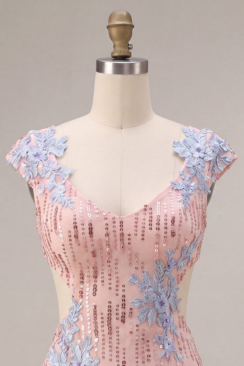 Load image into Gallery viewer, Sparkly Pink Appliqued Tight Short Sequin Cocktail Dress with Sleeves