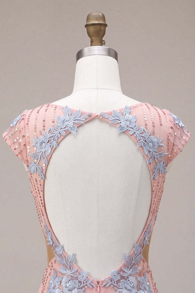 Load image into Gallery viewer, Sparkly Pink Appliqued Tight Short Sequin Cocktail Dress with Sleeves