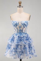 Load image into Gallery viewer, White Blue Flower Ruffled Corset Strapless Tiered Short Cocktail Dress