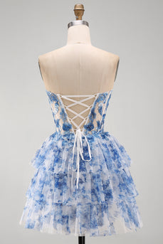 White Blue Flower Ruffled Corset Strapless Tiered Short Cocktail Dress