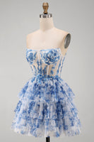 Load image into Gallery viewer, White Blue Flower Ruffled Corset Strapless Tiered Short Cocktail Dress