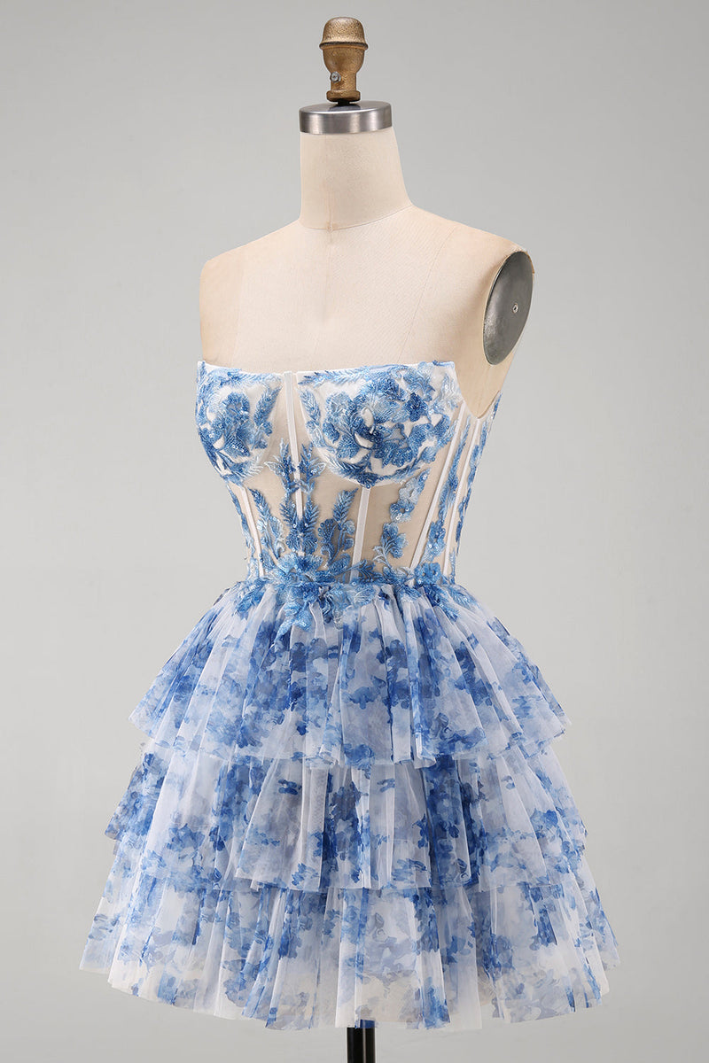 Load image into Gallery viewer, White Blue Flower Ruffled Corset Strapless Tiered Short Cocktail Dress
