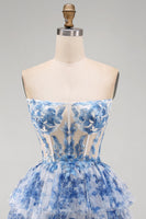 Load image into Gallery viewer, White Blue Flower Ruffled Corset Strapless Tiered Short Cocktail Dress