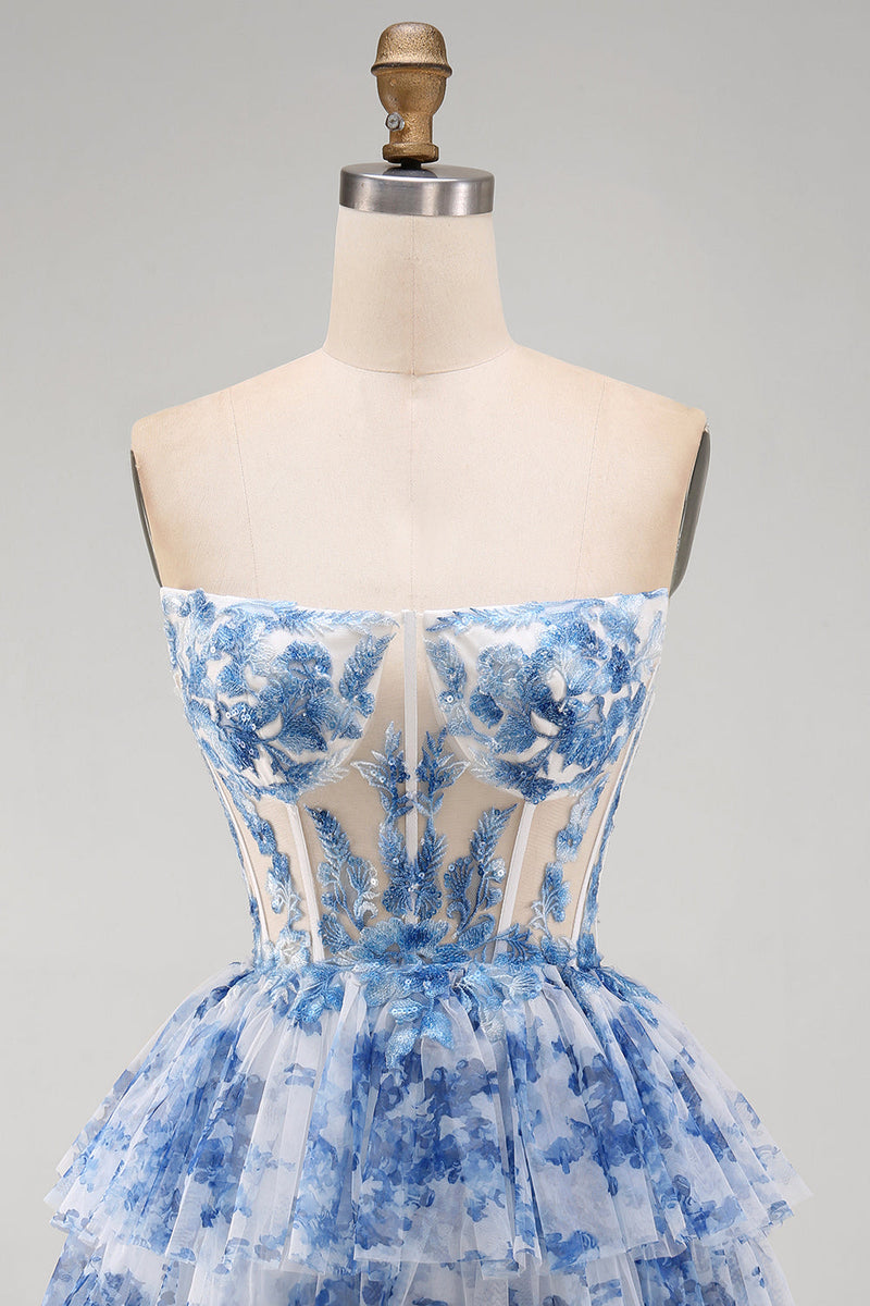 Load image into Gallery viewer, White Blue Flower Ruffled Corset Strapless Tiered Short Cocktail Dress