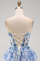 Load image into Gallery viewer, White Blue Flower Ruffled Corset Strapless Tiered Short Cocktail Dress
