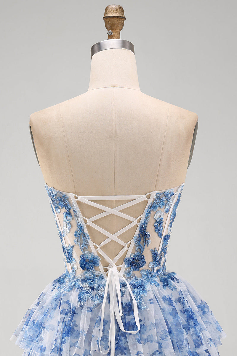 Load image into Gallery viewer, White Blue Flower Ruffled Corset Strapless Tiered Short Cocktail Dress