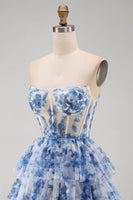 Load image into Gallery viewer, White Blue Flower Ruffled Corset Strapless Tiered Short Cocktail Dress
