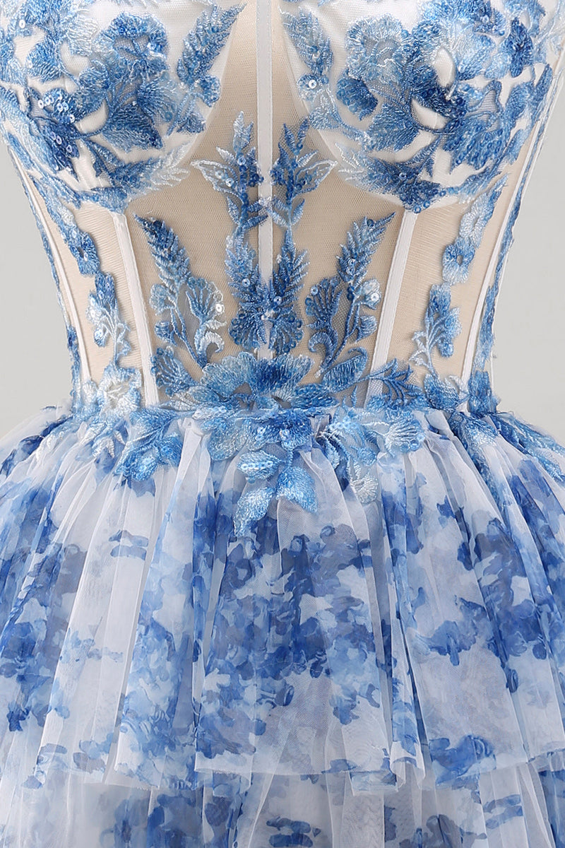 Load image into Gallery viewer, White Blue Flower Ruffled Corset Strapless Tiered Short Cocktail Dress