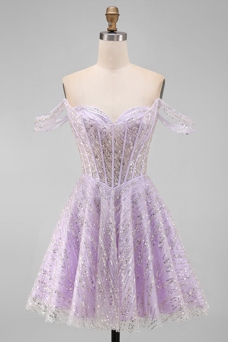 Load image into Gallery viewer, Sparkly Lilac Corset Off the Shoulder Sequins Short Cocktail Dress