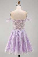 Load image into Gallery viewer, Sparkly Lilac Corset Off the Shoulder Sequins Short Cocktail Dress