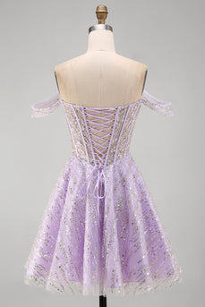 Sparkly Lilac Corset Off the Shoulder Sequins Short Cocktail Dress
