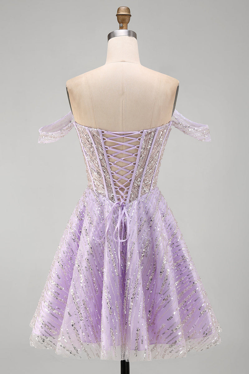 Load image into Gallery viewer, Sparkly Lilac Corset Off the Shoulder Sequins Short Cocktail Dress