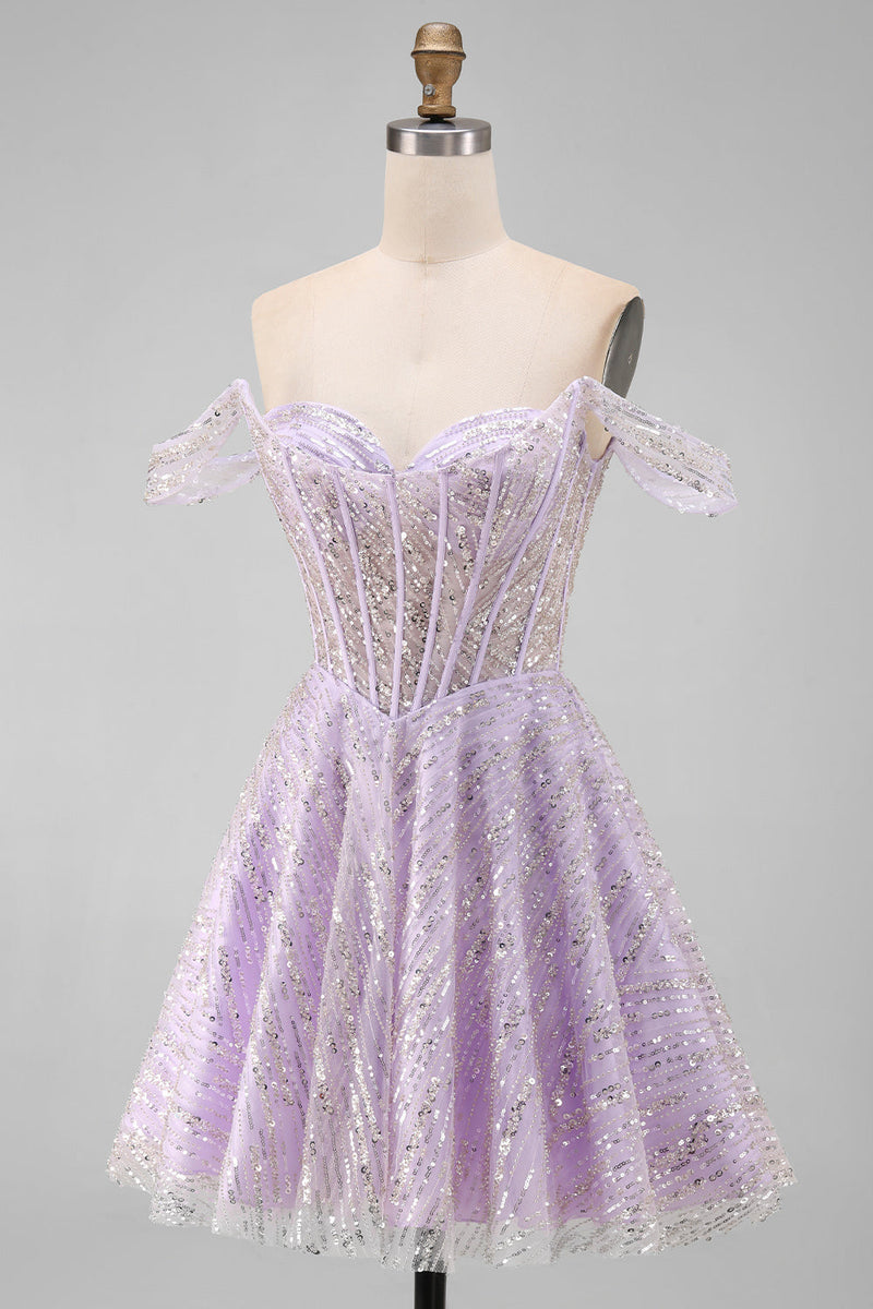 Load image into Gallery viewer, Sparkly Lilac Corset Off the Shoulder Sequins Short Cocktail Dress