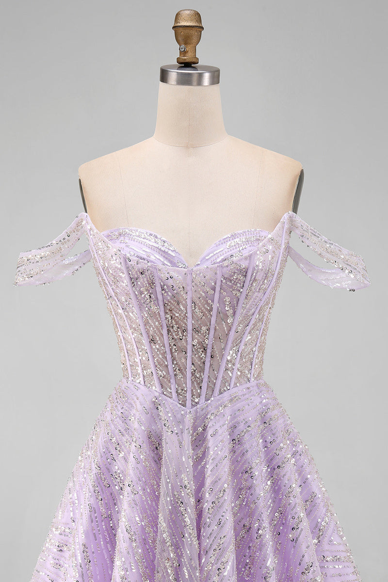 Load image into Gallery viewer, Sparkly Lilac Corset Off the Shoulder Sequins Short Cocktail Dress