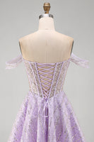 Load image into Gallery viewer, Sparkly Lilac Corset Off the Shoulder Sequins Short Cocktail Dress