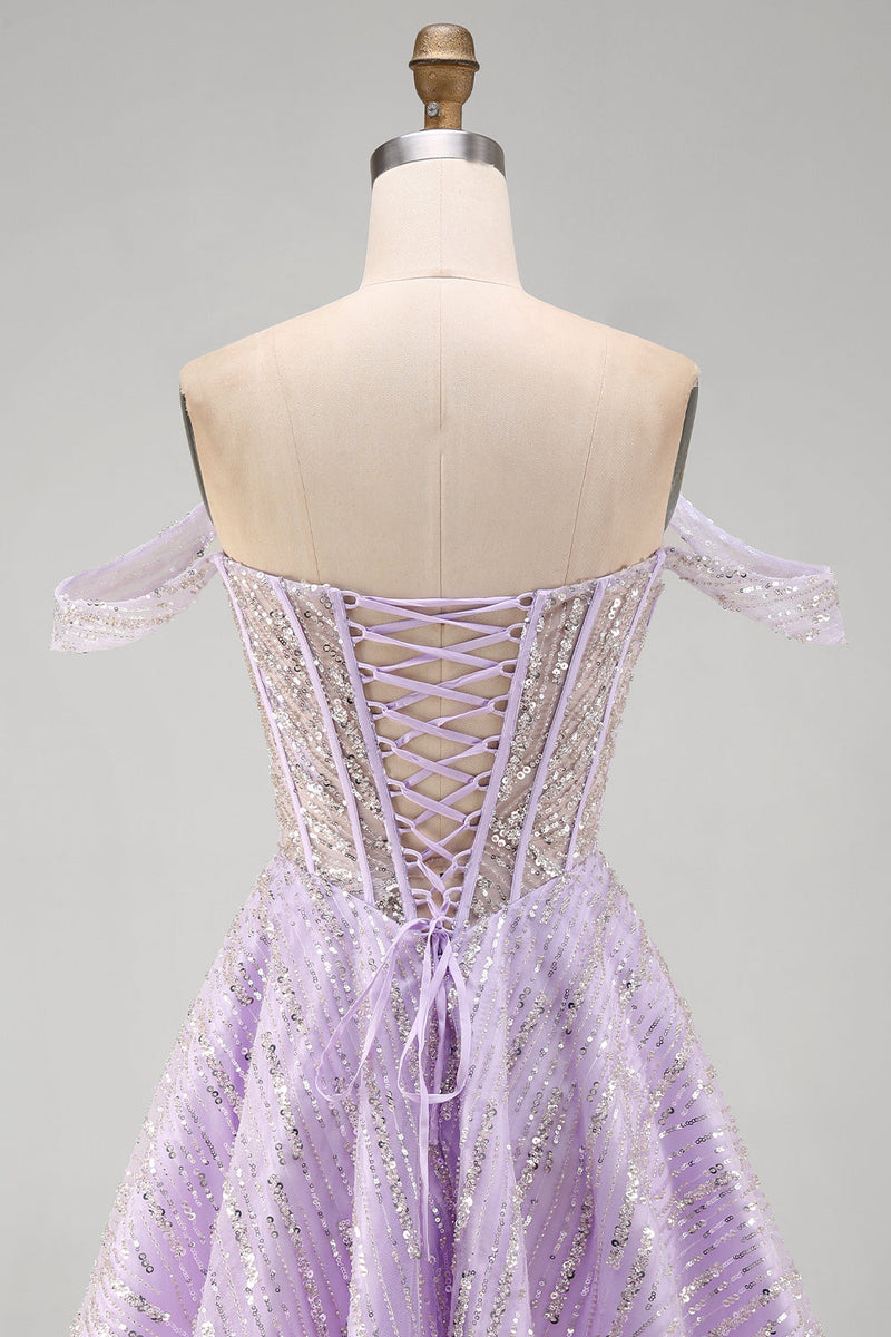 Load image into Gallery viewer, Sparkly Lilac Corset Off the Shoulder Sequins Short Cocktail Dress