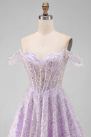 Load image into Gallery viewer, Sparkly Lilac Corset Off the Shoulder Sequins Short Cocktail Dress