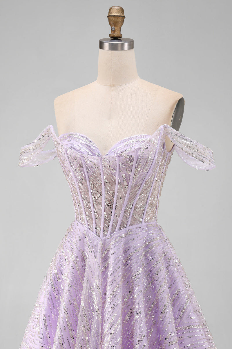 Load image into Gallery viewer, Sparkly Lilac Corset Off the Shoulder Sequins Short Cocktail Dress