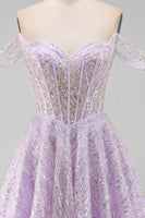 Load image into Gallery viewer, Sparkly Lilac Corset Off the Shoulder Sequins Short Cocktail Dress