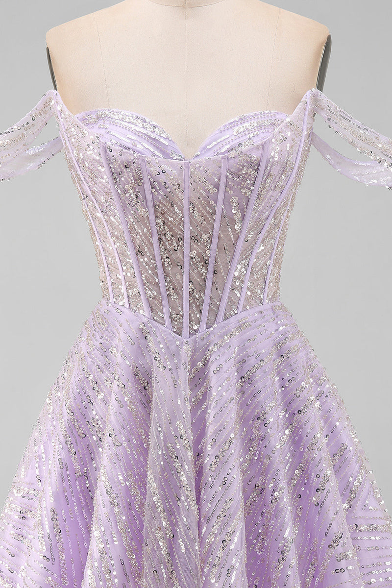 Load image into Gallery viewer, Sparkly Lilac Corset Off the Shoulder Sequins Short Cocktail Dress