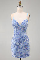 Load image into Gallery viewer, Sparkly Tight Blue Beaded Spaghetti Straps Short Cocktail Dress
