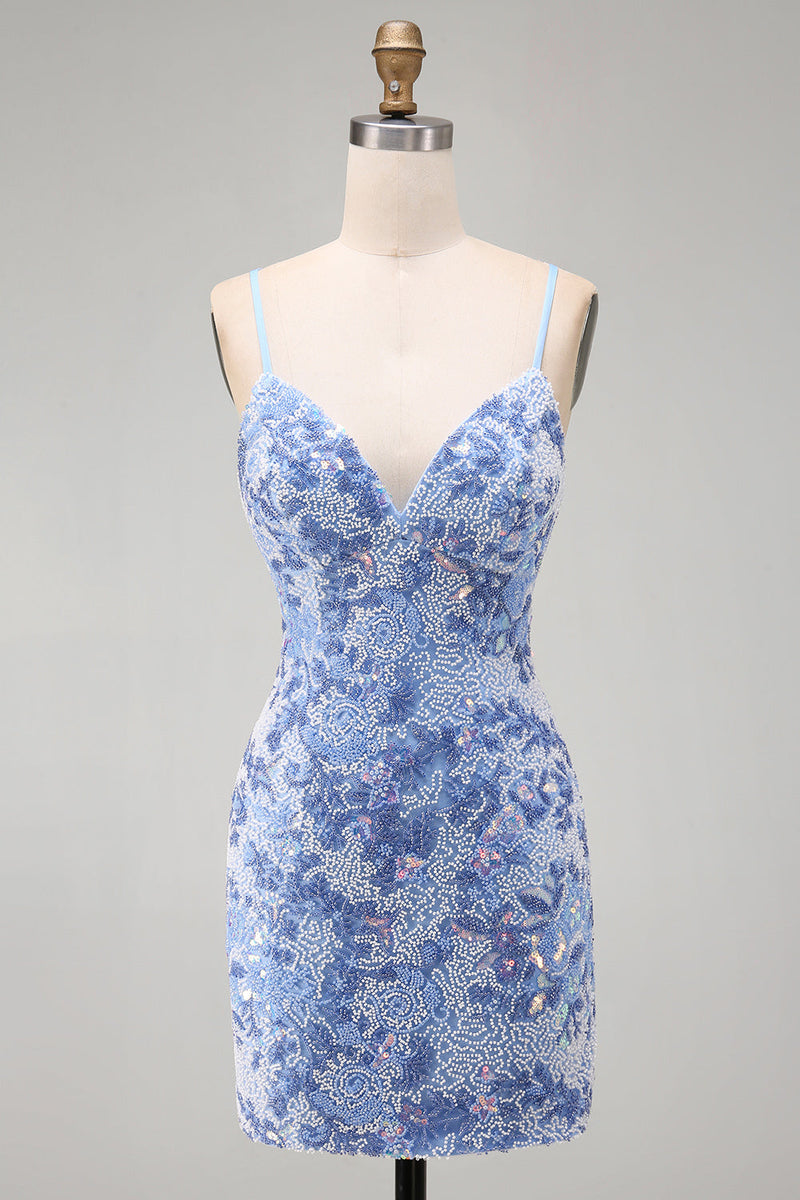 Load image into Gallery viewer, Sparkly Tight Blue Beaded Spaghetti Straps Short Cocktail Dress