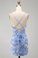 Load image into Gallery viewer, Sparkly Tight Blue Beaded Spaghetti Straps Short Cocktail Dress