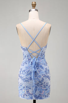 Sparkly Tight Blue Beaded Spaghetti Straps Short Cocktail Dress