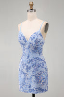 Load image into Gallery viewer, Sparkly Tight Blue Beaded Spaghetti Straps Short Cocktail Dress