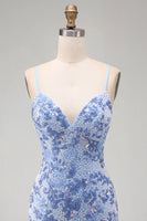 Load image into Gallery viewer, Sparkly Tight Blue Beaded Spaghetti Straps Short Cocktail Dress