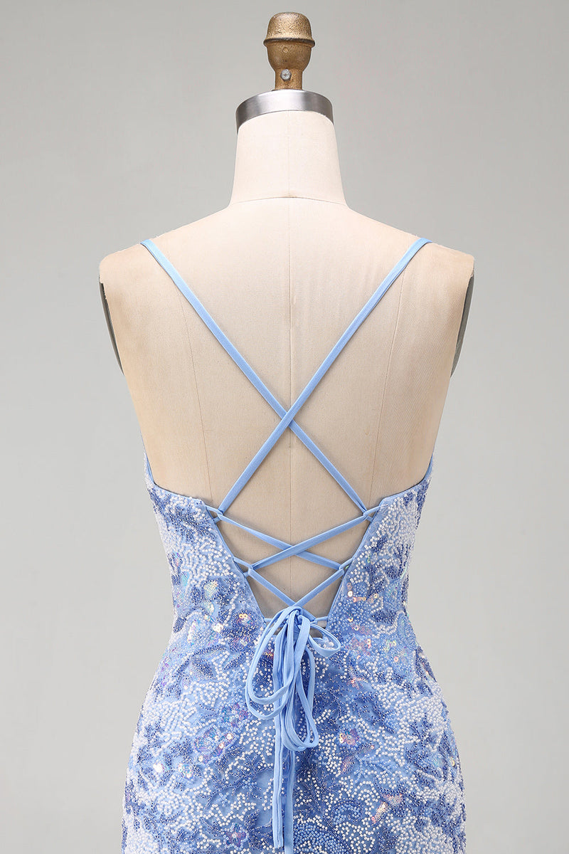 Load image into Gallery viewer, Sparkly Tight Blue Beaded Spaghetti Straps Short Cocktail Dress
