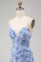 Load image into Gallery viewer, Sparkly Tight Blue Beaded Spaghetti Straps Short Cocktail Dress